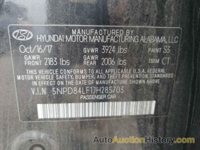 HYUNDAI ELANTRA SEL, 5NPD84LF1JH285703