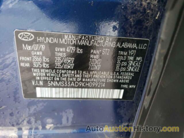 HYUNDAI SANTA FE SEL, 5NMS33AD9KH099214