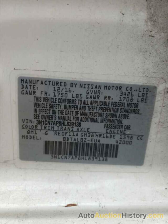 NISSAN VERSA S, 3N1CN7AP8HL839138