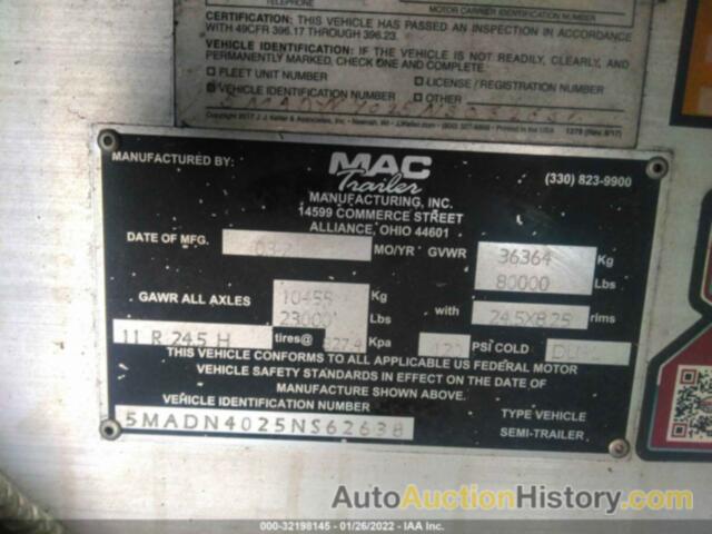 MAC TRAILER MFG DUMP, 5MADN4025NS062638