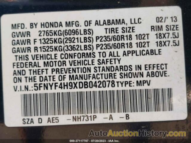 HONDA PILOT TOURING, 5FNYF4H9XDB042078