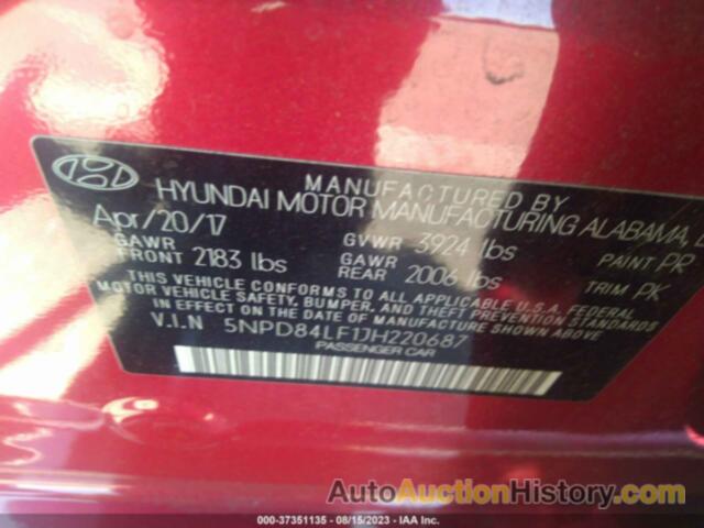 HYUNDAI ELANTRA SEL, 5NPD84LF1JH220687