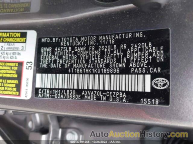 TOYOTA CAMRY XSE, 4T1B61HK1KU189896