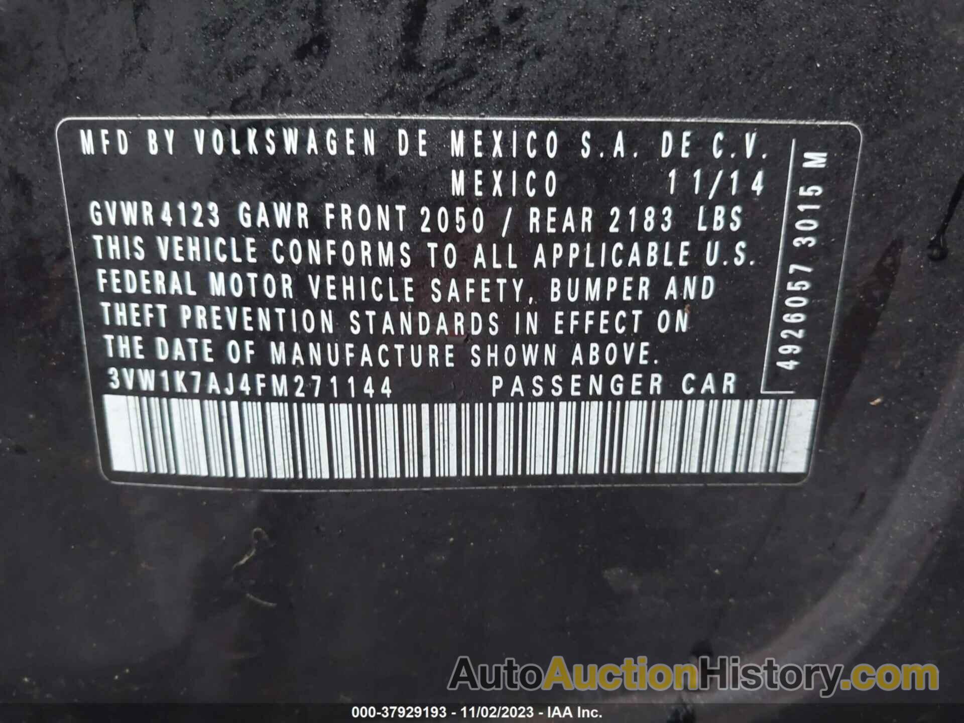 VOLKSWAGEN JETTA 2.0L S, 3VW1K7AJ4FM271144