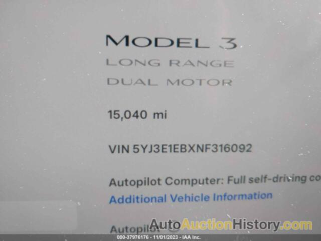TESLA MODEL 3 LONG RANGE DUAL MOTOR ALL-WHEEL DRIVE, 5YJ3E1EBXNF316092