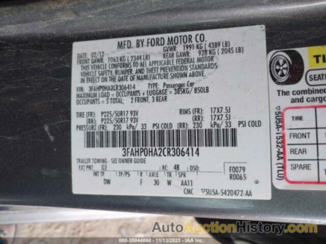 FORD FUSION SE, 3FAHP0HA2CR306414