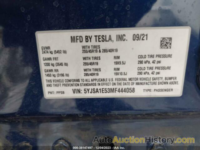 TESLA MODEL S LONG RANGE DUAL MOTOR ALL-WHEEL DRIVE, 5YJSA1E53MF444058