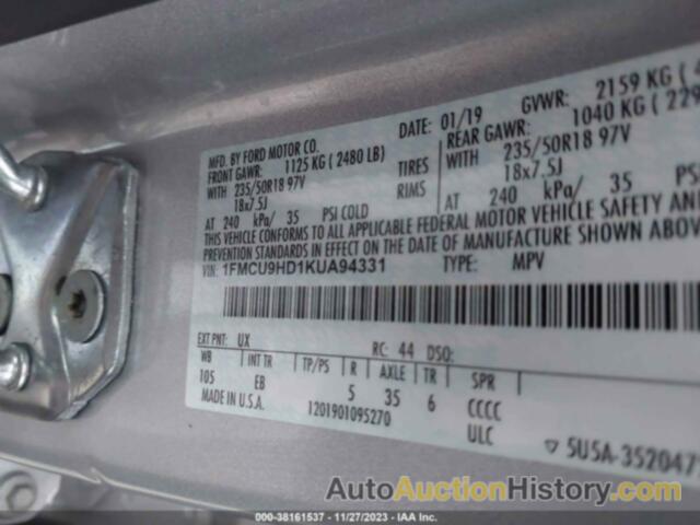 FORD ESCAPE SEL, 1FMCU9HD1KUA94331