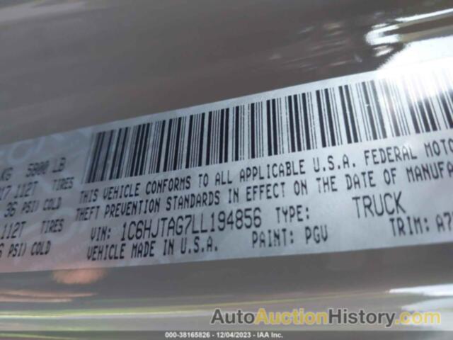 JEEP GLADIATOR SPORT S 4X4, 1C6HJTAG7LL194856