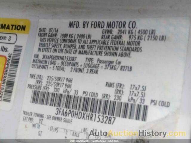 FORD FUSION SE, 3FA6P0HDXHR153287