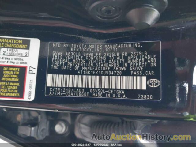 TOYOTA CAMRY XLE V6, 4T1BK1FK1CU504728