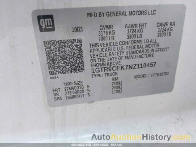 GMC SIERRA 1500 LIMITED 4WD  STANDARD BOX ELEVATION, 1GTR9CEK7NZ110457