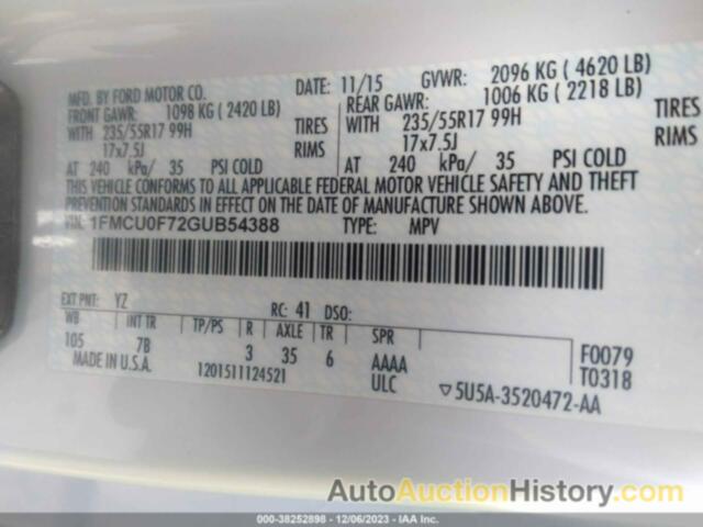 FORD ESCAPE S, 1FMCU0F72GUB54388