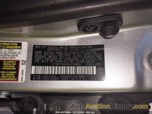 TOYOTA CAMRY XLE, 4T1B11HK0KU738888