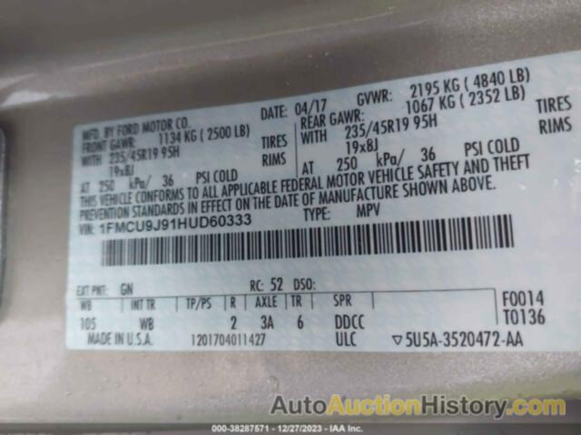 FORD ESCAPE TITANIUM, 1FMCU9J91HUD60333