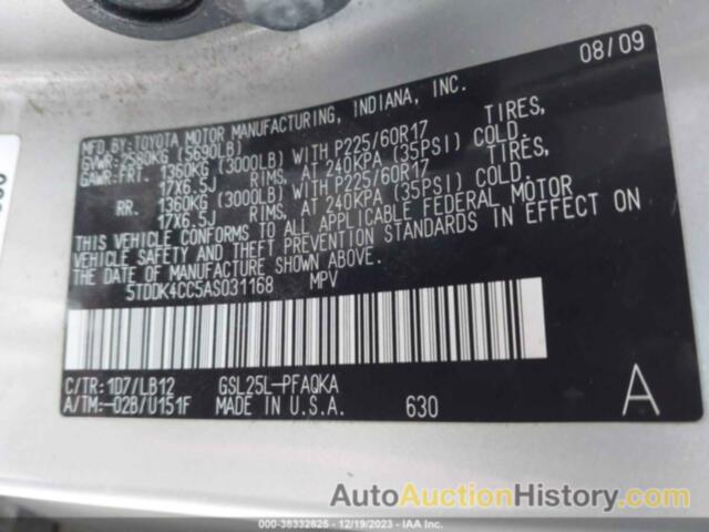 TOYOTA SIENNA LIMITED, 5TDDK4CC5AS031168