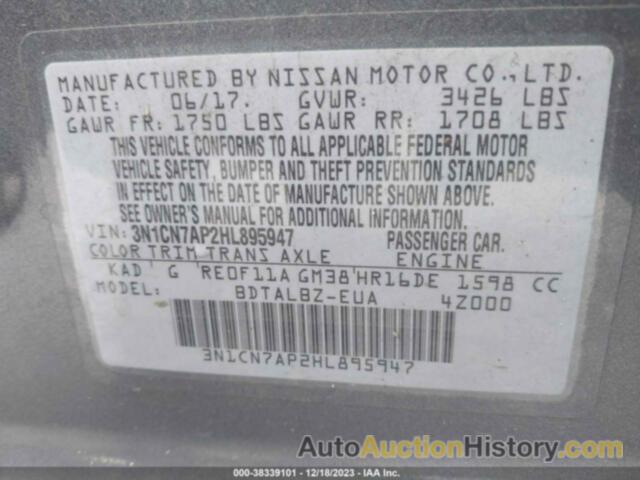 NISSAN VERSA 1.6 SV, 3N1CN7AP2HL895947