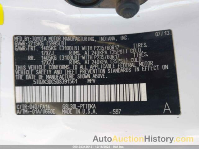 TOYOTA SIENNA L V6 7 PASSENGER, 5TDZK3DC5DS391561