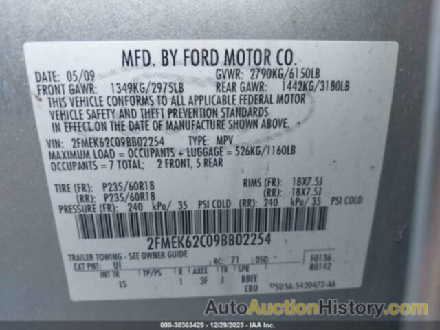 FORD FLEX SEL, 2FMEK62C09BB02254