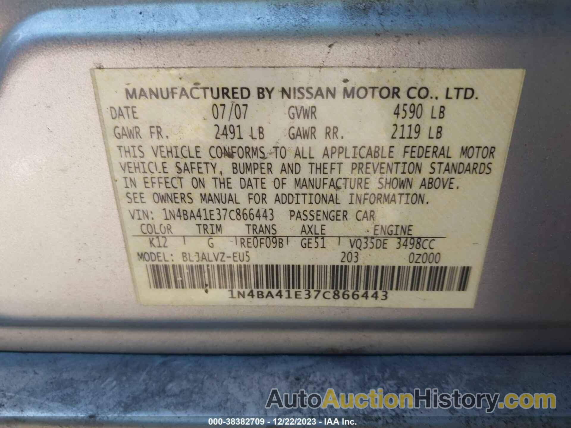 NISSAN MAXIMA 3.5 SE, 1N4BA41E37C866443