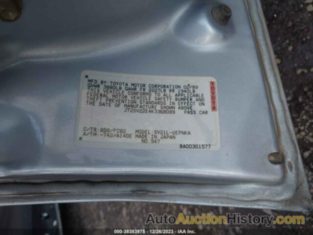 TOYOTA CAMRY LE, JT2SV22E4K3368089