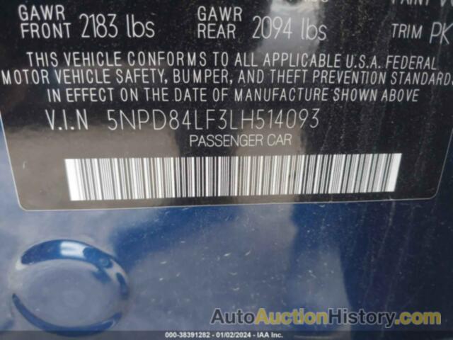 HYUNDAI ELANTRA SEL, 5NPD84LF3LH514093