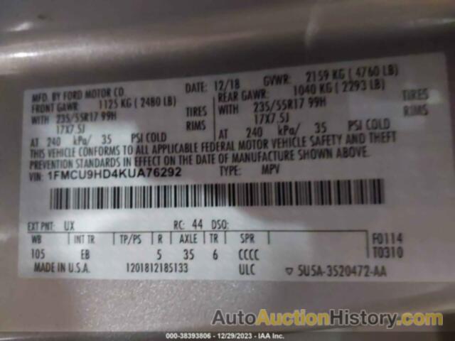 FORD ESCAPE SEL, 1FMCU9HD4KUA76292