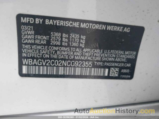 BMW 840I GRAN COUPE, WBAGV2C02NCG92355