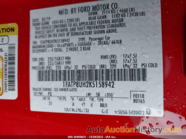 FORD MUSTANG ECOBOOST, 1FATP8UH2K5158942