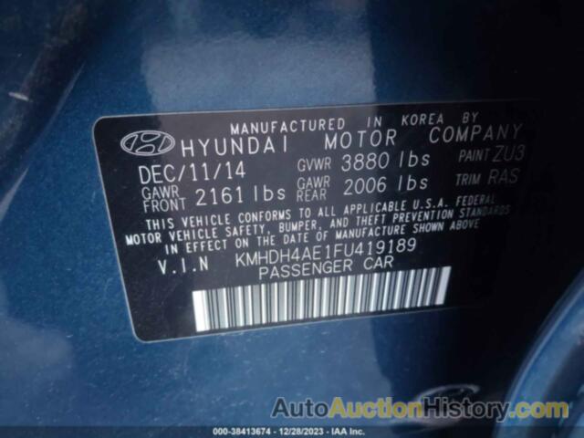 HYUNDAI ELANTRA SE (ULSAN PLANT), KMHDH4AE1FU419189