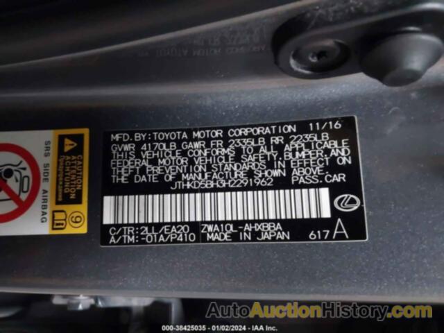 LEXUS CT 200H, JTHKD5BH3H2291962