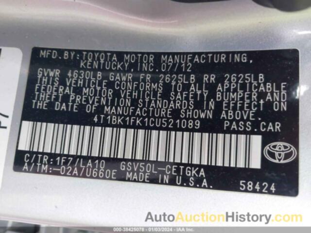 TOYOTA CAMRY XLE V6, 4T1BK1FK1CU521089