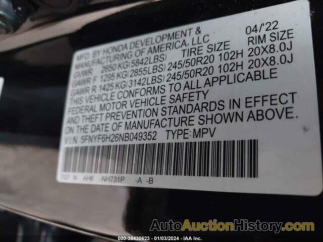 HONDA PILOT AWD SPECIAL EDITION, 5FNYF6H26NB049352