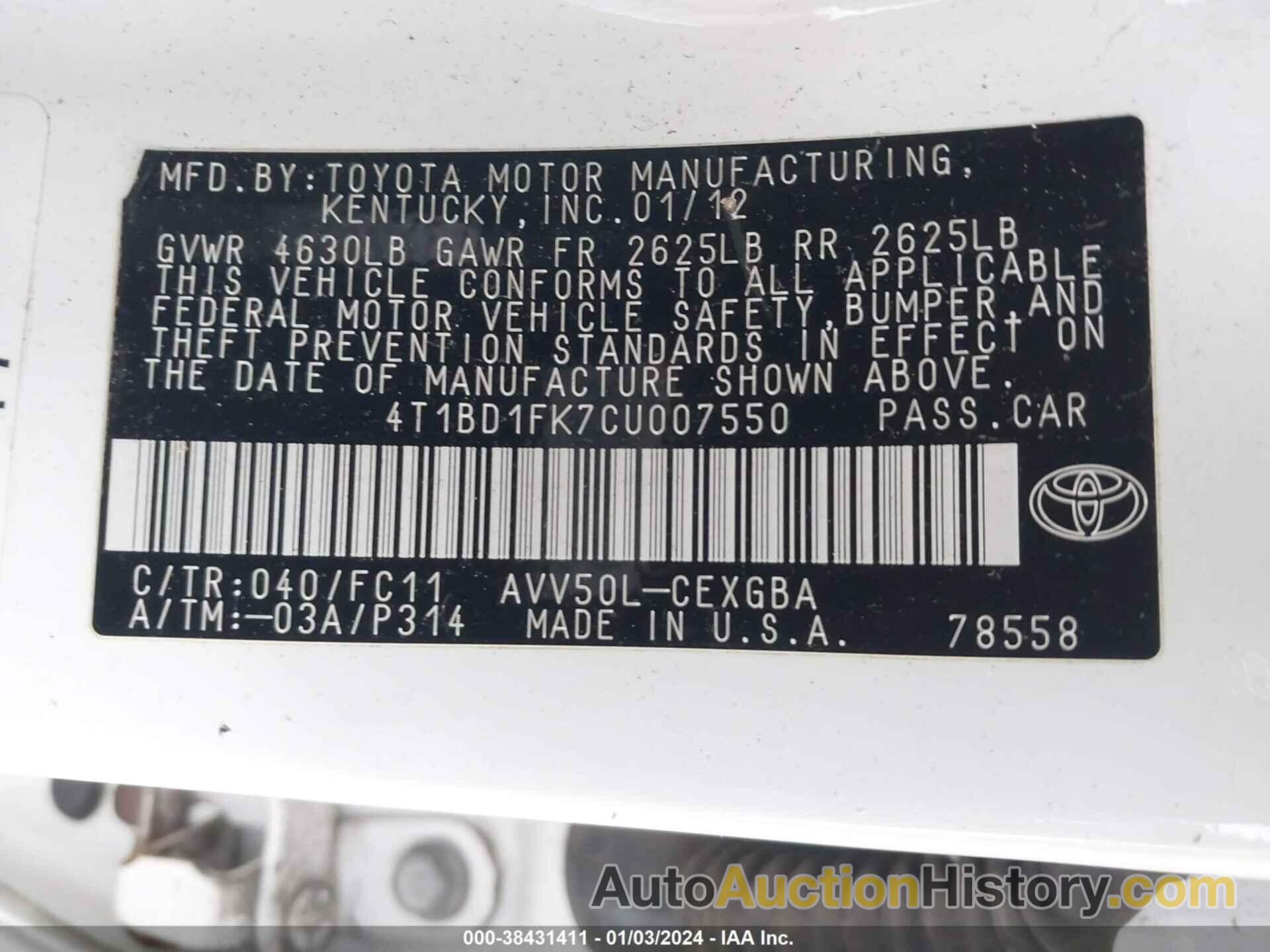 TOYOTA CAMRY HYBRID XLE, 4T1BD1FK7CU007550