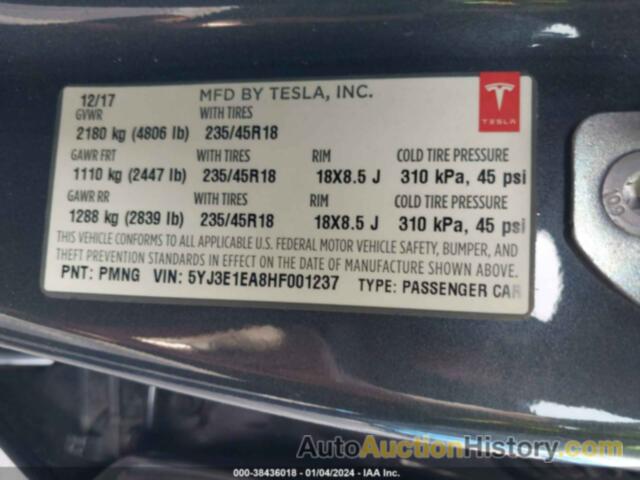 TESLA MODEL 3 LONG RANGE/STANDARD, 5YJ3E1EA8HF001237