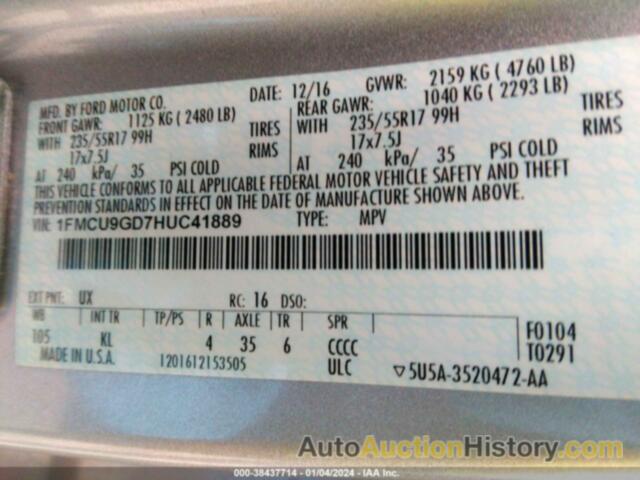 FORD ESCAPE SE, 1FMCU9GD7HUC41889