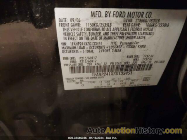 FORD FIVE HUNDRED SEL, 1FAHP241X7G133451