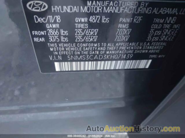 HYUNDAI SANTA FE SEL, 5NMS3CAD3KH071439