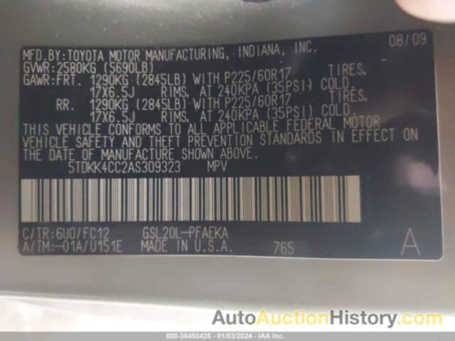 TOYOTA SIENNA LE, 5TDKK4CC2AS309323