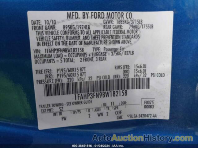 FORD FOCUS SE, 1FAHP3FN9BW182158