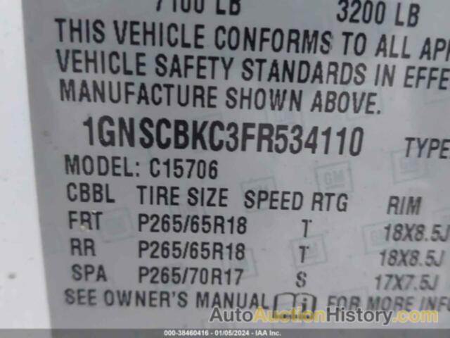 CHEVROLET TAHOE LT, 1GNSCBKC3FR534110