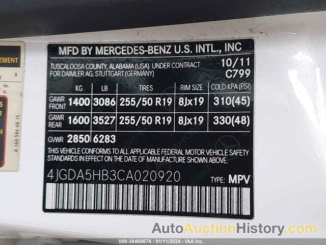 MERCEDES-BENZ ML 350 4MATIC, 4JGDA5HB3CA020920