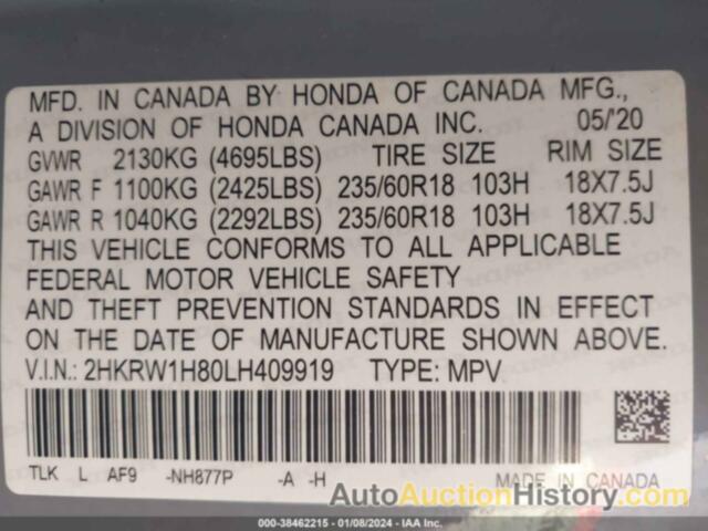 HONDA CR-V 2WD EX-L, 2HKRW1H80LH409919