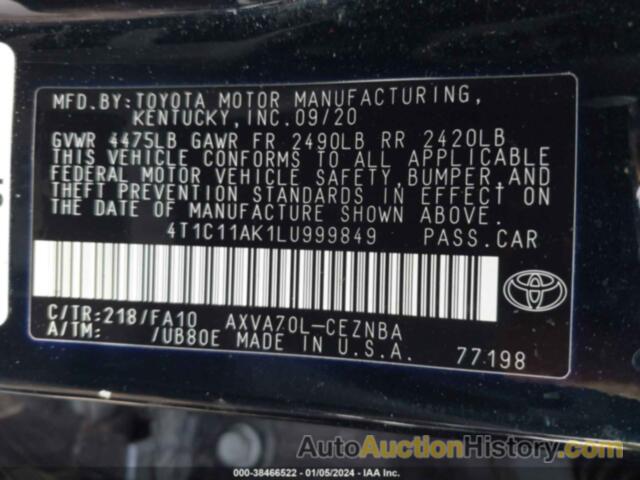 TOYOTA CAMRY LE, 4T1C11AK1LU999849