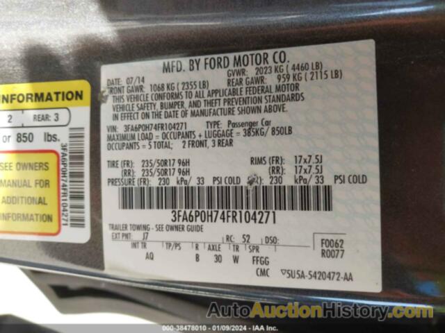 FORD FUSION SE, 3FA6P0H74FR104271