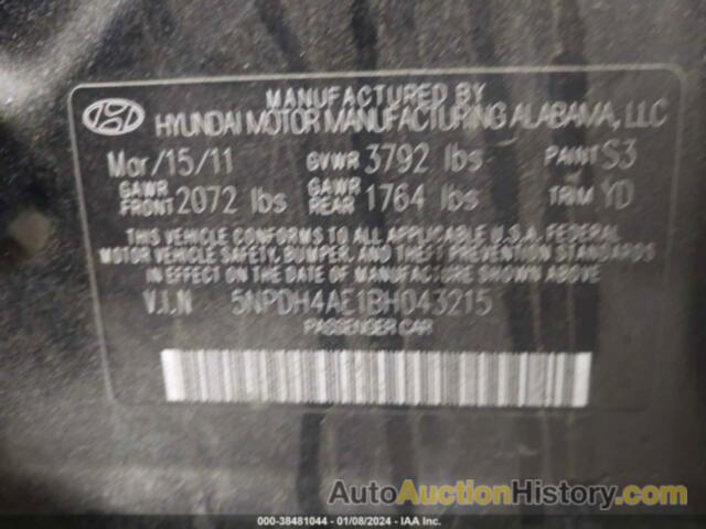 HYUNDAI ELANTRA GLS, 5NPDH4AE1BH043215