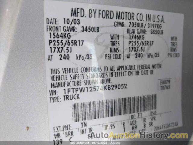 FORD F-150 LARIAT/XLT, 1FTPW12574KB29052