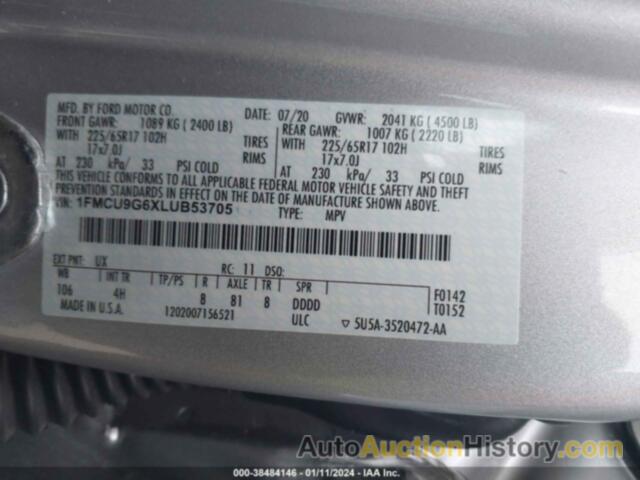 FORD ESCAPE SE, 1FMCU9G6XLUB53705