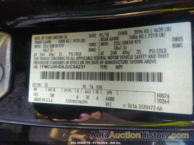 FORD ESCAPE SEL, 1FMCU0HD6JUC54231