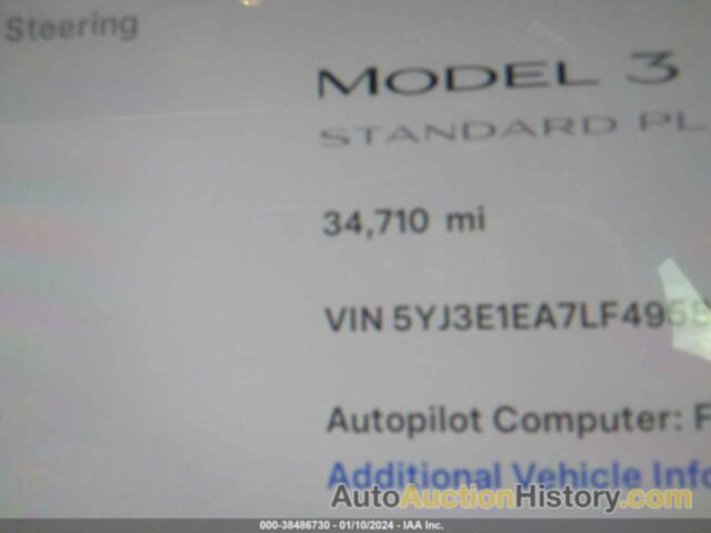 TESLA MODEL 3 STANDARD RANGE PLUS REAR-WHEEL DRIVE/STANDARD RANGE REAR-WHEEL DRIVE, 5YJ3E1EA7LF495874